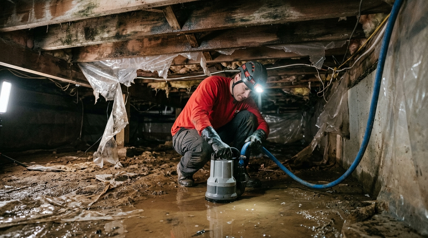 Confined space crawlspace water removal after flooding