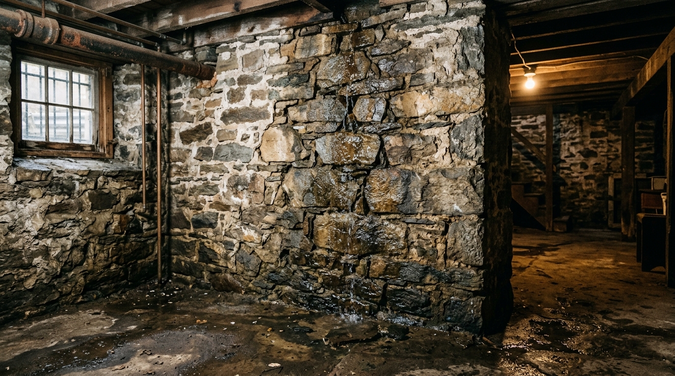 Historic fieldstone basement flooding — groundwater seepage through mortar joints