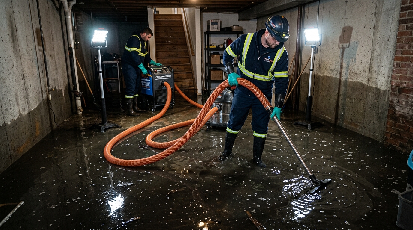 Professional water extraction team removing standing water from flooded basement
