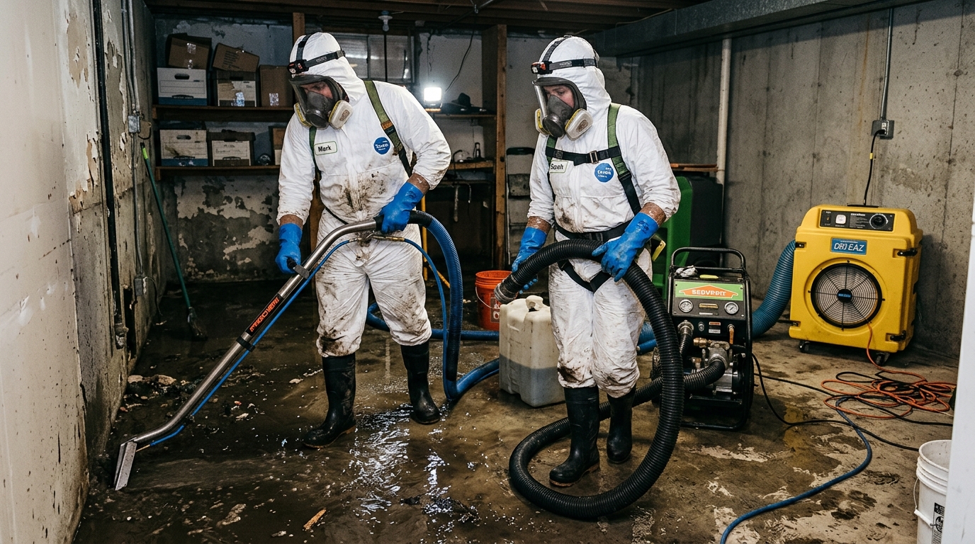 Certified technicians in PPE handling Category 3 water damage cleanup