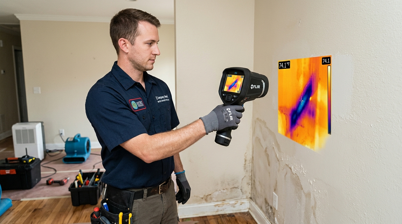 Technician using thermal imaging camera to map moisture behind wall