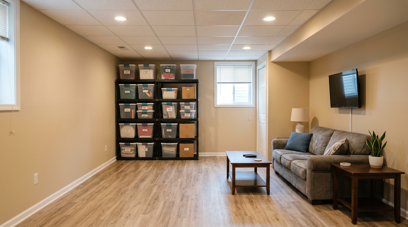 Basement after water extraction New Castle PA — completely dry, clean floor, no damage remaining